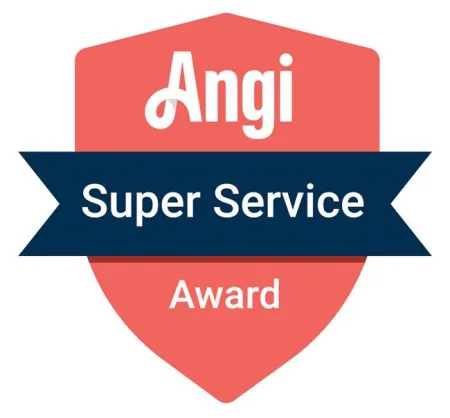 Angi Super Service Award badge with coral shield and navy blue banner design.