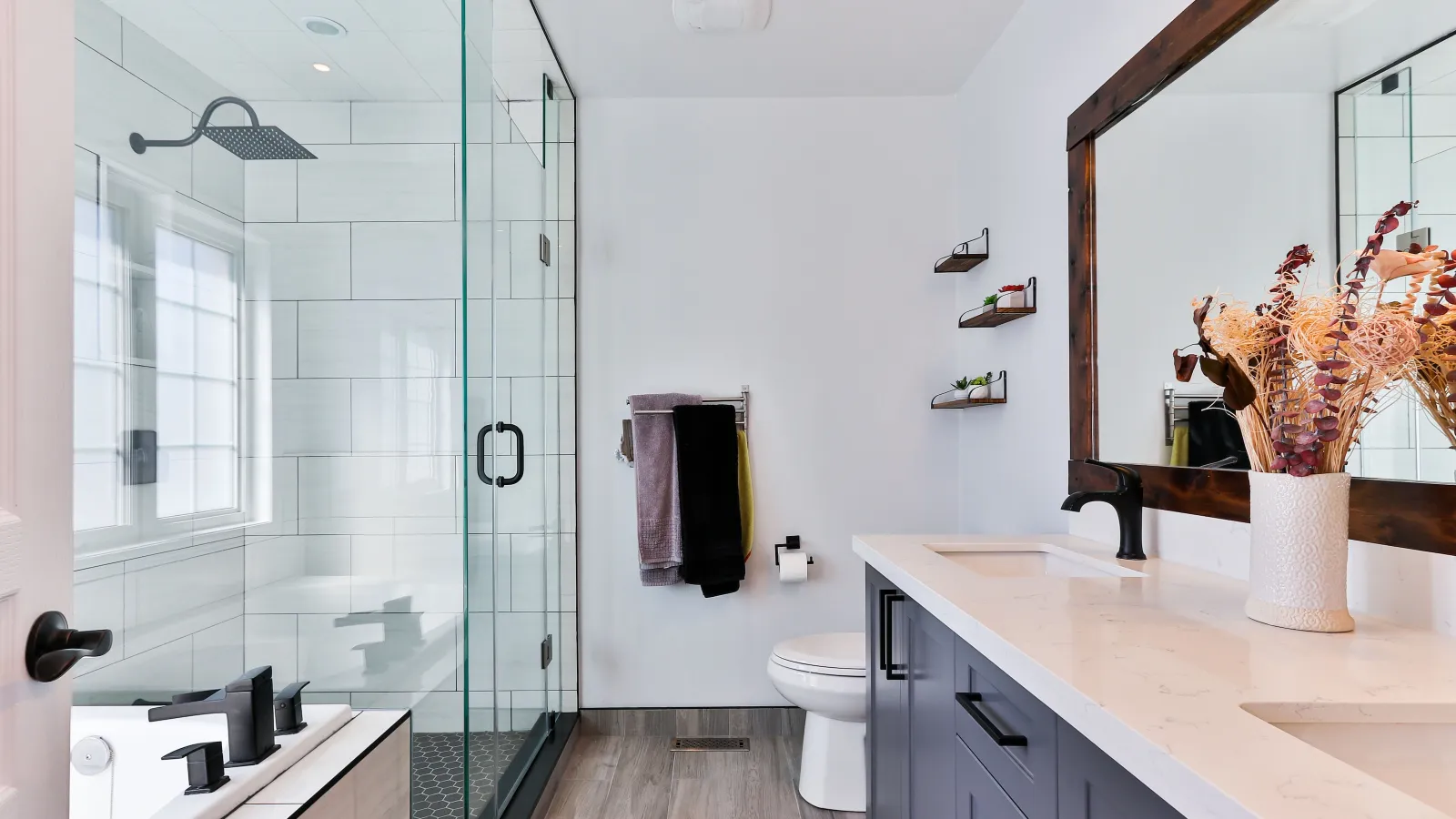 a bathroom with a glass shower