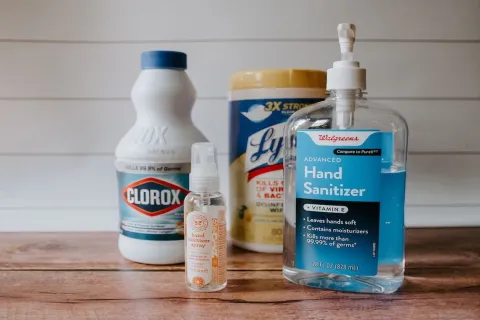 a group of cleaning supplies on a table