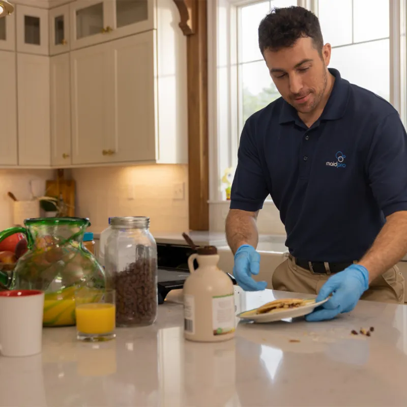 a man in a blue shirt cleaning kitchen