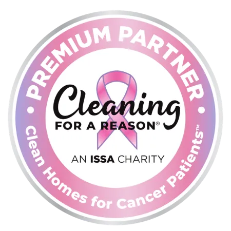 Cleaning for a Reason premium partner badge with pink ribbon supporting clean homes for cancer patients.