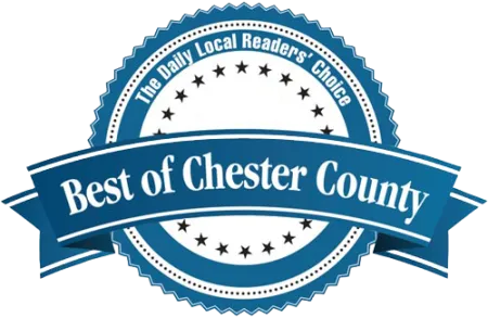 Blue and white badge with stars and ribbon stating Best of Chester County awarded by The Daily Local Readers' Choice