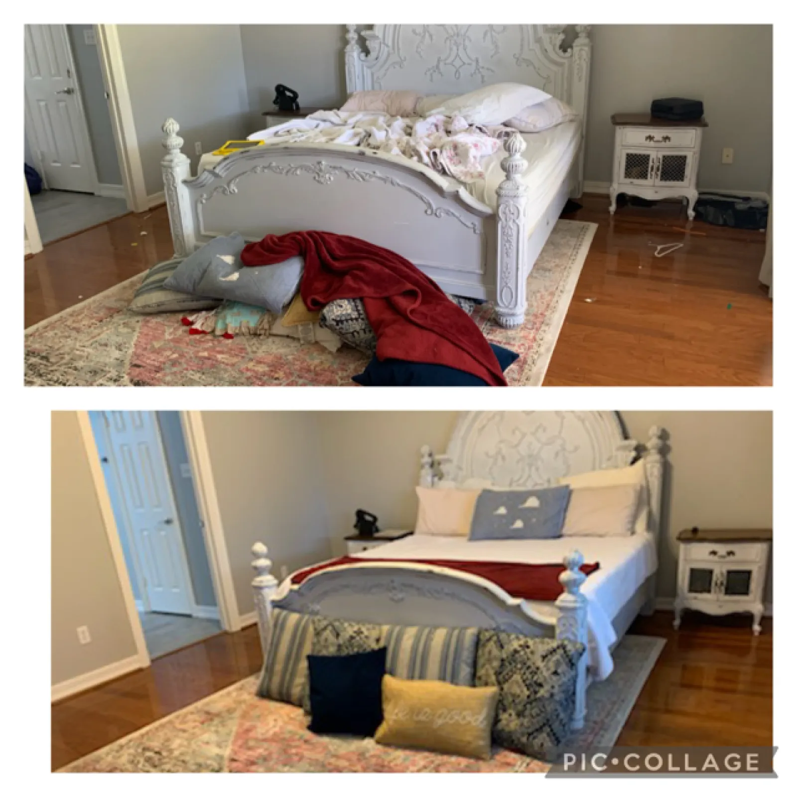 a collage of a bed