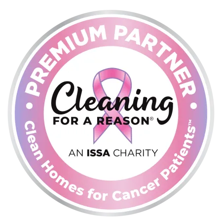 Cleaning For A Reason premium partner logo with pink ribbon for cancer patient support by ISSA charity