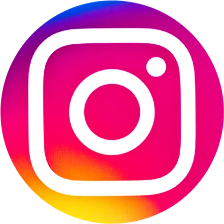Instagram logo with white camera icon on a vibrant pink, purple, and yellow gradient circle background.